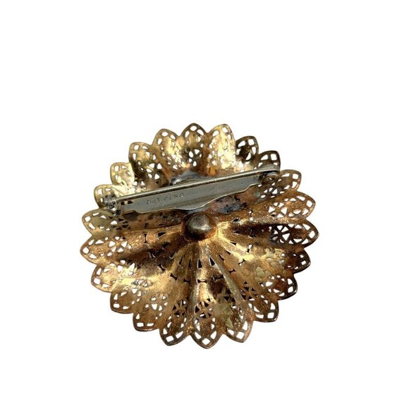 Miriam Haskell Style Brooch Filigree Round Puffy Faux Pearl Brass Tone Unsigned - Picture 6 of 9